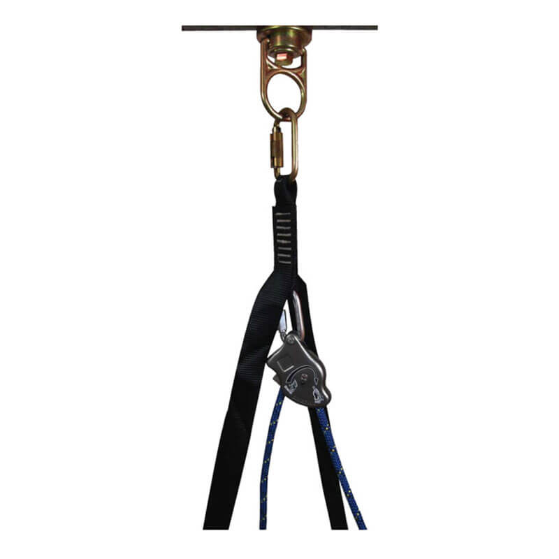 The Frontline Fall Protection Rescue 18' Ladder Kit with Pulley System (RLA18B) features a ceiling-mounted metal anchor, carabiner, black strap, rope adjuster, and OSHA-compliant blue safety rope for fall protection.