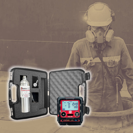 Person in protective gear with a gas detector and canister on a sepia-toned background