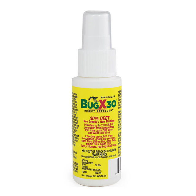 A white Coretex BugX30 Insect Repellent 2 oz. pump spray bottle with a yellow label highlights 30% DEET, water-based formula, and usage instructions.