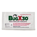Image of a Coretex BugX30 DEET insect repellent towelette packet. The label highlights that it effectively repels mosquitoes, ticks, and other insects for up to 7 hours with its 30% DEET formula. Warning and safety instructions are prominently displayed on the package, ensuring safe use of this Coretex product.