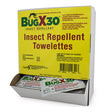 A hand pulls a single Coretex BugX30 Wall Mount Towelette from a white box labeled "Insect Repellent Towelettes," showing convenient mosquito protection with multiple Coretex packets visible inside. 50 towelettes per box, item 12644.