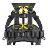 Close-up of the Petzl Volt International Version Harness C072CB0_ by Petzl, featuring a black design with yellow reinforced loops, multiple adjustable straps and buckles for secure attachment during tower work or climbing.