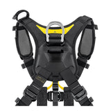 The Petzl Volt International Version Harness C072CB0, by Petzl, features black and yellow coloring, padded shoulder straps, a central metal D-ring, and multiple adjustable buckles—ideal for tower work and optimal fall protection or climbing.