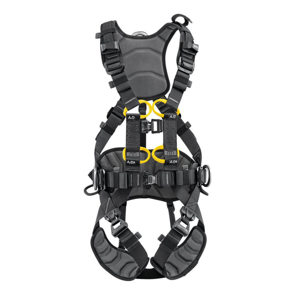 The Petzl Volt International Version Harness (C072CB0_) by Petzl is a black and yellow fall-arrest harness with padded straps, multiple adjustment buckles, and attachment points—ideal for tower work or climbing with superior comfort and safety.