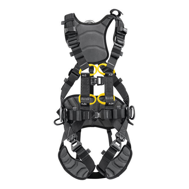 The Petzl Volt International Version Harness (C072CB0_) by Petzl is a black and yellow fall-arrest harness with padded straps, multiple adjustment buckles, and attachment points—ideal for tower work or climbing with superior comfort and safety.