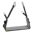 The Petzl VOLT International Version Work Seat C072EB00 is a black rectangular mesh seat with reinforced edges and four adjustable straps with metal carabiners, making it an ideal harness accessory for climbing or rope access work.