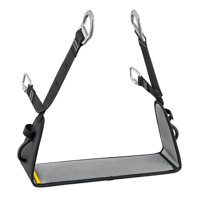 The Petzl VOLT International Version Work Seat C072EB00 is a black rectangular mesh seat with reinforced edges and four adjustable straps with metal carabiners, making it an ideal harness accessory for climbing or rope access work.