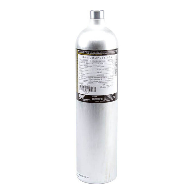 A tall, silver BW Technologies by Honeywell cylinder labeled with gas composition and safety details contains the BW 4-Gas 58L Calibration Mix CG-Q58-4. The narrow-necked cylinder stands upright on a white background.