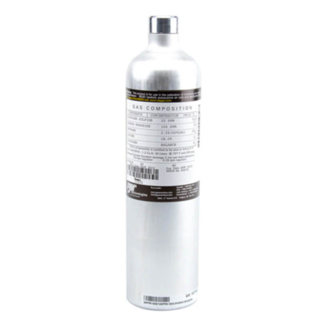 Against a plain white background stands a silver canister with a gray cap, its label indicating the BW Honeywell 5-Gas Calibration Mix CG-QT34-1 from PK Safety Supply, potentially used for devices such as the GasAlert Micro 5 IR Monitor.