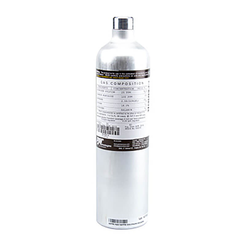 A BW H2S Single Gas Cylinder from Honeywell Analytics Inc, with a 25ppm 34 Liter capacity, showcases a detailed label featuring black and white text that outlines the composition of calibration gas and specifications. It has a small cap on top and is displayed against a plain white background.A BW H2S Single Gas Cylinder from Honeywell Analytics Inc, with a 25ppm 34 Liter capacity, showcases a detailed label featuring black and white text that outlines the composition of calibration gas and specifications. 