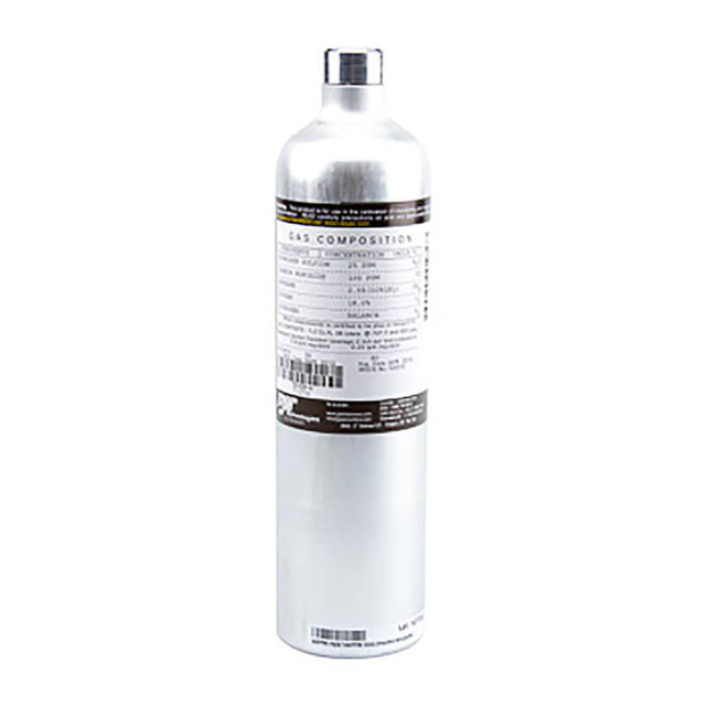 A BW H2S Single Gas Cylinder from Honeywell Analytics Inc, with a 25ppm 34 Liter capacity, showcases a detailed label featuring black and white text that outlines the composition of calibration gas and specifications. It has a small cap on top and is displayed against a plain white background.A BW H2S Single Gas Cylinder from Honeywell Analytics Inc, with a 25ppm 34 Liter capacity, showcases a detailed label featuring black and white text that outlines the composition of calibration gas and specifications. 