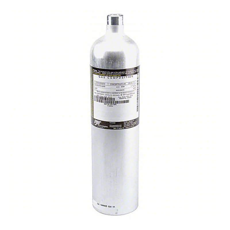 The BW Honeywell 100 ppm Isobutylene Calibration Gas CG2-IB-100-34AL by BW Technologies stands upright against a white background. This silver cylinder with a black and white label provides essential calibration gas for accurate readings in gas detection systems.