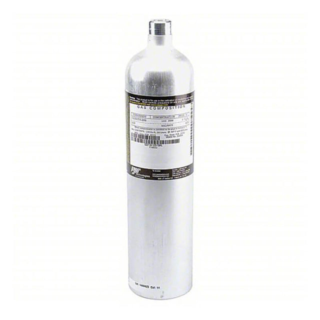 The BW Honeywell 100 ppm Isobutylene Calibration Gas CG2-IB-100-34AL by BW Technologies stands upright against a white background. This silver cylinder with a black and white label provides essential calibration gas for accurate readings in gas detection systems.