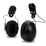 The Pyramex Hard Hat Mounted Earmuffs CMFB6010 by Pyramex Safety are black cap-mounted earmuffs with metal wire frames and attachment clips, made for hearing protection on full brim hard hats or helmets.