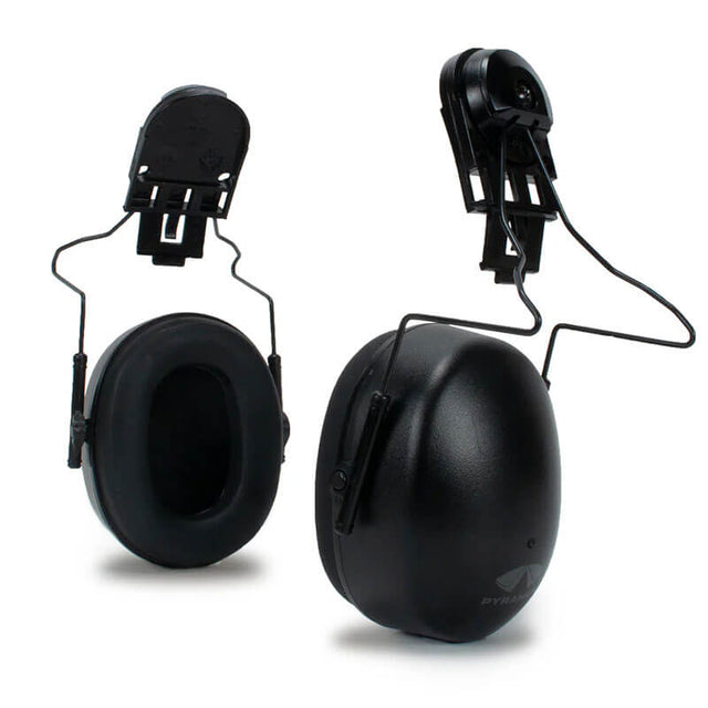 The Pyramex Hard Hat Mounted Earmuffs CMFB6010 by Pyramex Safety are black cap-mounted earmuffs with metal wire frames and attachment clips, made for hearing protection on full brim hard hats or helmets.