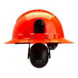 A Pyramex Safety CMFB6010 hard hat mounted earmuffs, featuring an orange safety helmet with black earmuffs for optimal hearing protection, is displayed front-on.