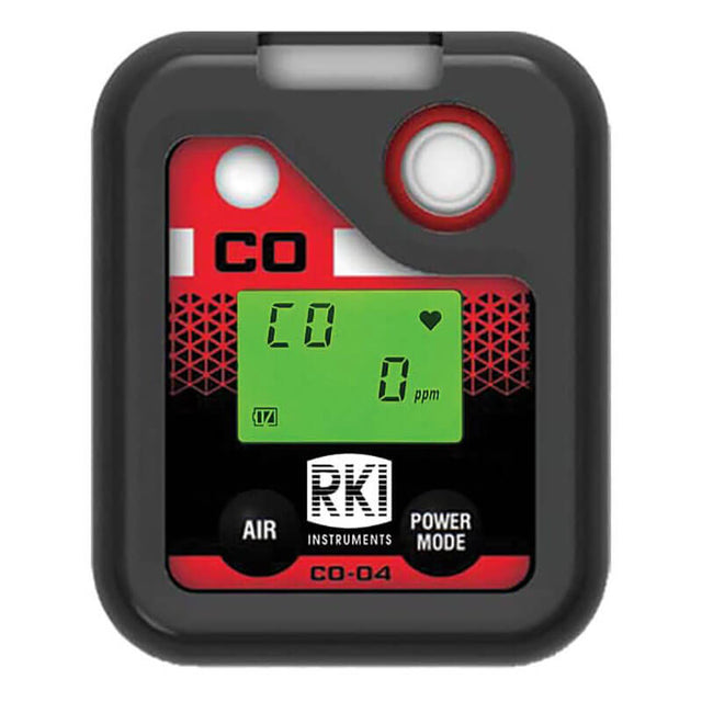 The RKI Instruments CO-04 Series CO Single Gas Monitor 73-0065 displays "CO 0 ppm," features a heart icon, "AIR" and "POWER MODE" buttons, and is ideal as a personal toxic gas detector.