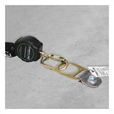 The black Frontline Concrete Swiveling Anchor COB01SW by Frontline Fall Production features a retractable safety lanyard with a green label, linking via metal connectors to a 360° swiveling anchor plate bolted to concrete.