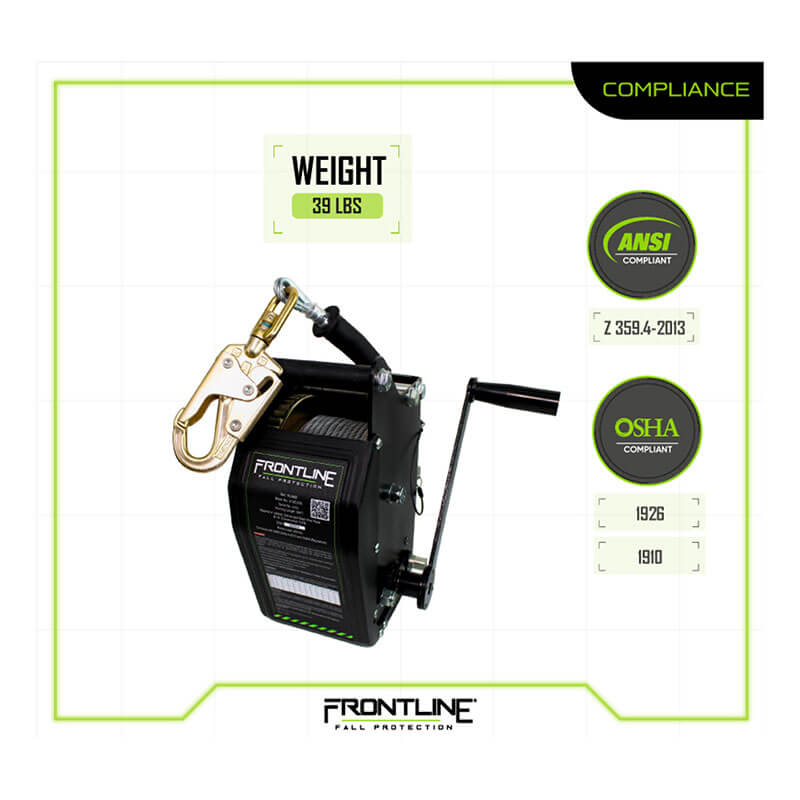 The Frontline Fall Protection MEGApod 60' Confined Space Winch with galvanized cable and metal hook is ANSI Z359.4-2013 & OSHA 1926/1910 compliant, weighs 39 lbs, and is ideal for confined space use.