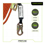 The Frontline Premium Vertical Lifeline with Rope Grab & Shock Pack by Frontline Fall Protection features an orange rope and metal hook, and meets OSHA (CFR 1926, CFR 1910) and ANSI (Z359.15-2014) standards for safety compliance.