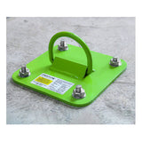 The Frontline Fall Protection Concrete & Steel D-Ring Reusable Anchor Plate COP01 is a green metal plate with a central raised D-ring, secured to concrete by four bolts, for attaching safety harnesses in fall arrest applications.