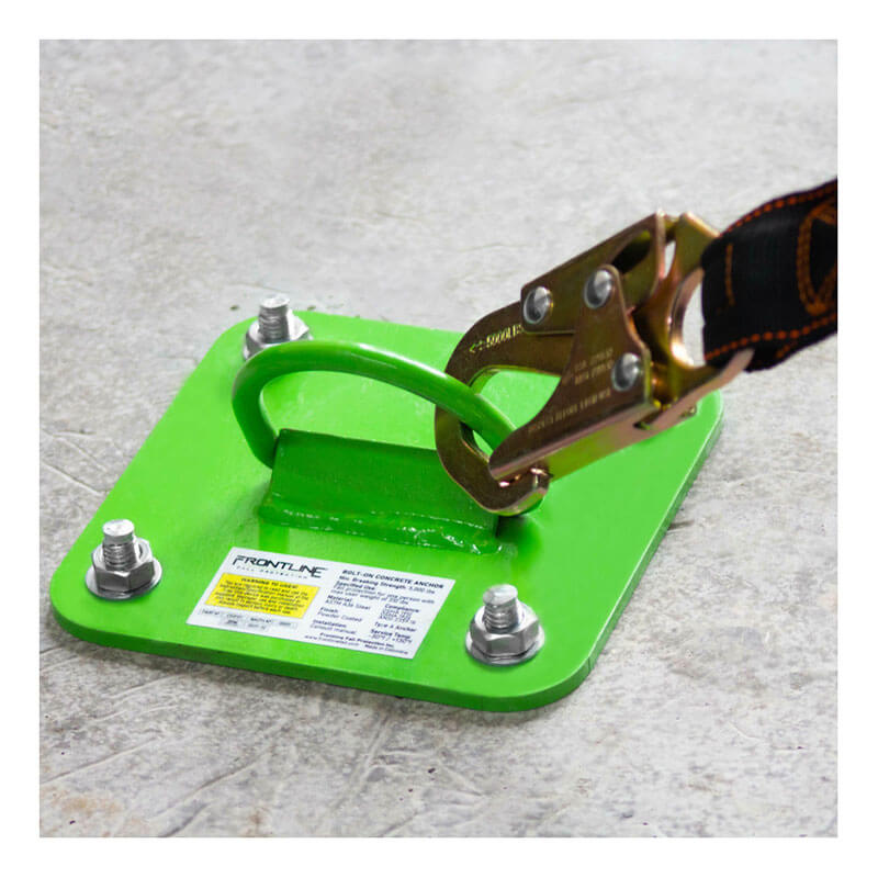 The Frontline Concrete & Steel D-Ring Reusable Anchor Plate COP01 by Frontline Fall Protection bolts to concrete floors, providing a secure D-ring connection point for attaching safety harness clips in fall arrest applications.