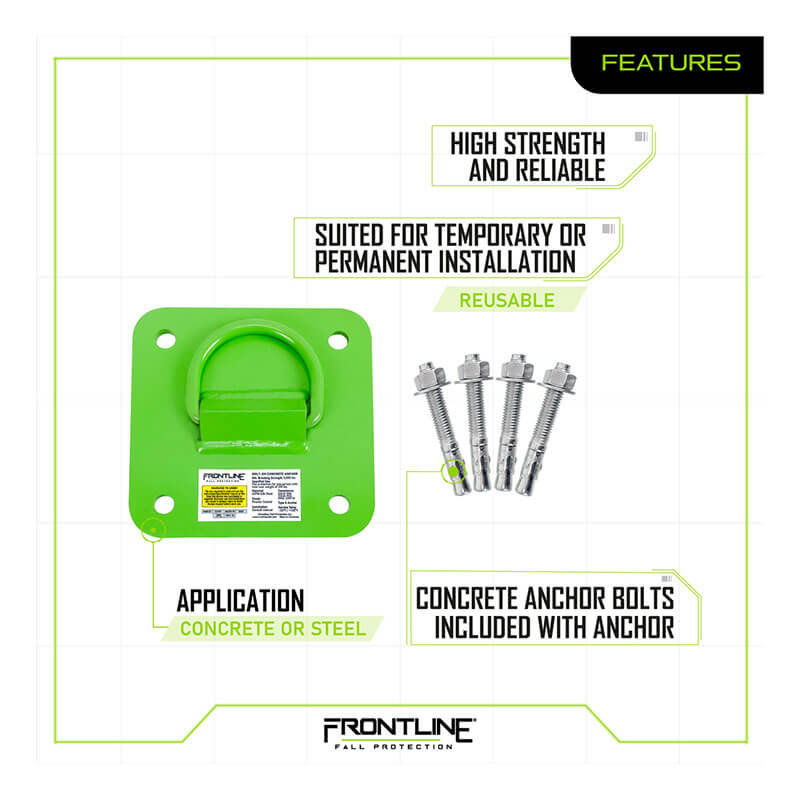 The Frontline Fall Protection COP01 Concrete & Steel D-Ring Reusable Anchor Plate includes a product label and three concrete anchor bolts. High-strength, reliable, and suitable for permanent or temporary fall arrest use. Brand: Frontline Fall Protection.