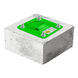 The Frontline Fall Production Concrete & Steel D-Ring Reusable Anchor Plate COP01 features a bright green metal lifting ring and four bolts on top, providing secure handling, transport, or fall arrest for heavy concrete items.