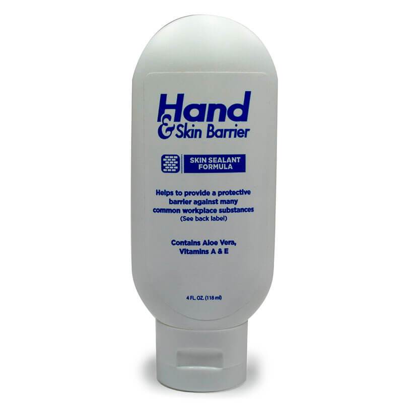 A white bottle of "Coretex Hand & Skin Barrier 2266_" offers protection against substances. Infused with Aloe Vera and vitamins A & E, this 4 fl. oz. (118 ml) product ensures your skin remains resilient and nourished.