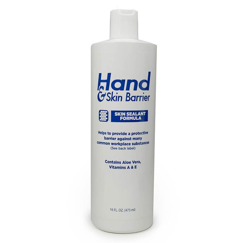 A bottle of Coretex Hand & Skin Barrier 2266_ showcases a blue and white label with the text "Skin Sealant Formula." It emphasizes the benefits for the skin barrier and includes ingredients like Aloe Vera and Vitamins A & E in its formulation. The bottle size is 16 fl oz (473 ml).