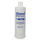 A bottle of Coretex Hand & Skin Barrier 2266_ showcases a blue and white label with the text "Skin Sealant Formula." It emphasizes the benefits for the skin barrier and includes ingredients like Aloe Vera and Vitamins A & E in its formulation. The bottle size is 16 fl oz (473 ml).