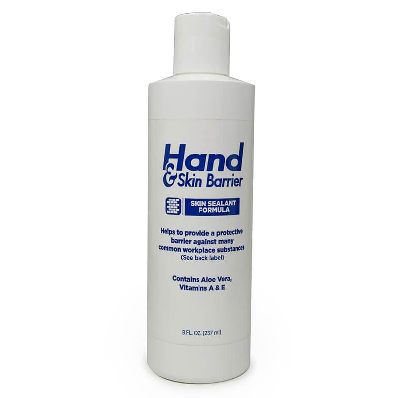 A white bottle labeled "Coretex Hand & Skin Barrier 2266_" features blue text and contains 8 fl oz of a protective sealant formula. Enriched with Aloe Vera and vitamins A and E, it provides optimal skin care.