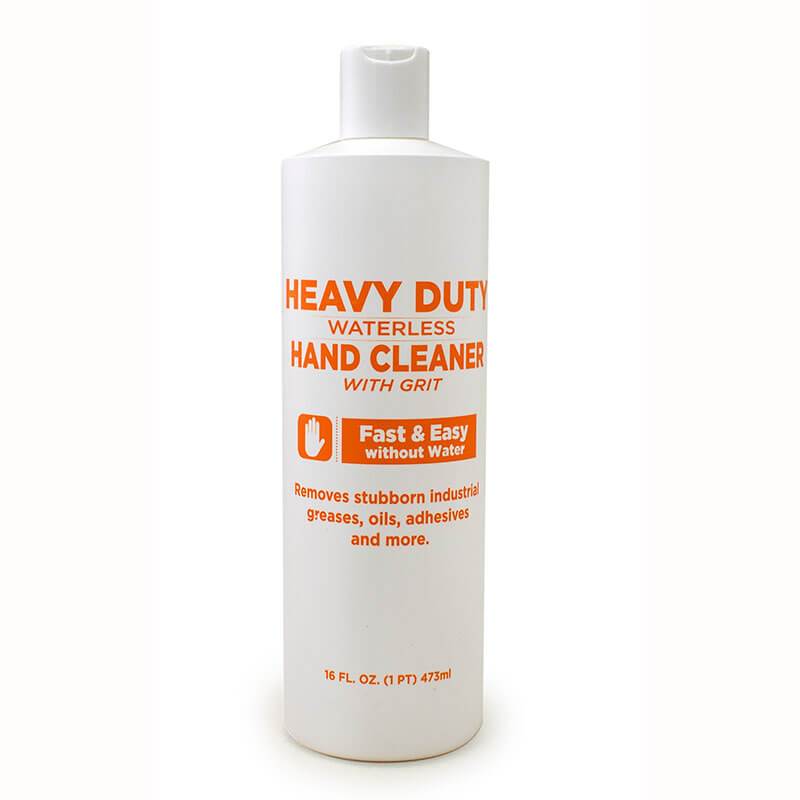 A white bottle of the CoreTex Heavy Duty Waterless Hand Cleaner with Grit, featuring orange text. The label emphasizes "Fast & Easy without Water," and it's designed to effectively remove industrial greases, oils, adhesives, and more. It contains 16 fl. oz. (473 ml).