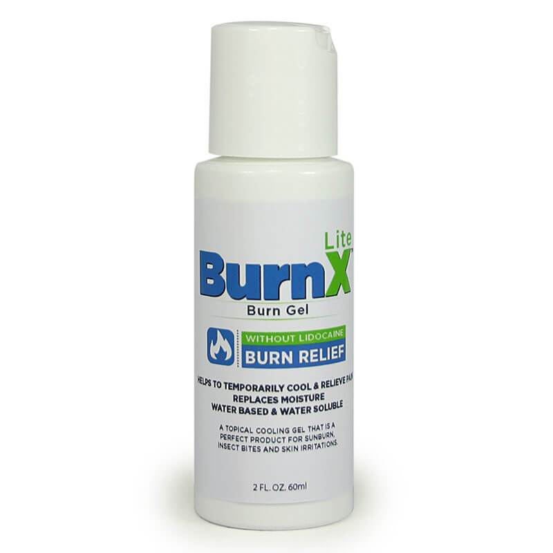 Displayed is a 2 fl oz bottle of Coretex Lite Burn X Cooling Gel. The label emphasizes its use for providing lidocaine-free relief for sunburn. It is described as a topical cooling gel that temporarily cools and relieves the skin, replenishes moisture, and is both water-based and water-soluble.