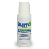 Displayed is a 2 fl oz bottle of Coretex Lite Burn X Cooling Gel. The label emphasizes its use for providing lidocaine-free relief for sunburn. It is described as a topical cooling gel that temporarily cools and relieves the skin, replenishes moisture, and is both water-based and water-soluble.