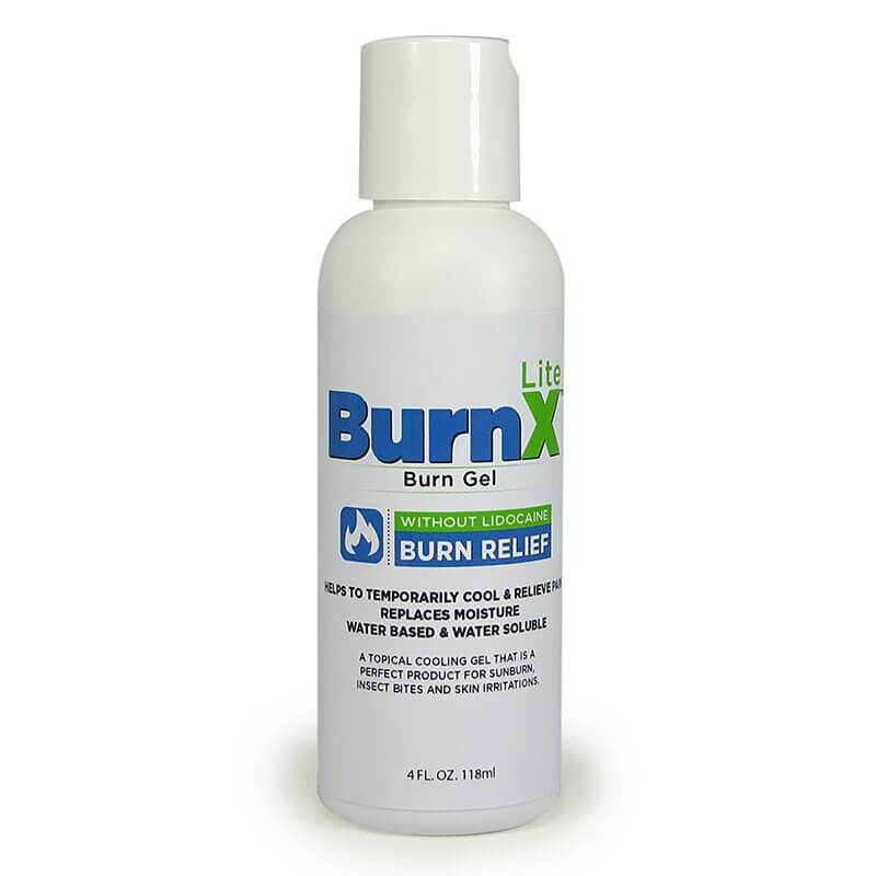 A white bottle of Coretex Lite Burn X Cooling Gel prominently displays blue and green text announcing it as "LIDOCAINE-FREE" with effective "BURN RELIEF." This water-based gel provides soothing relief for burns, sunburn, insect bites, and skin irritations. Size: 4 fl oz (118 ml).