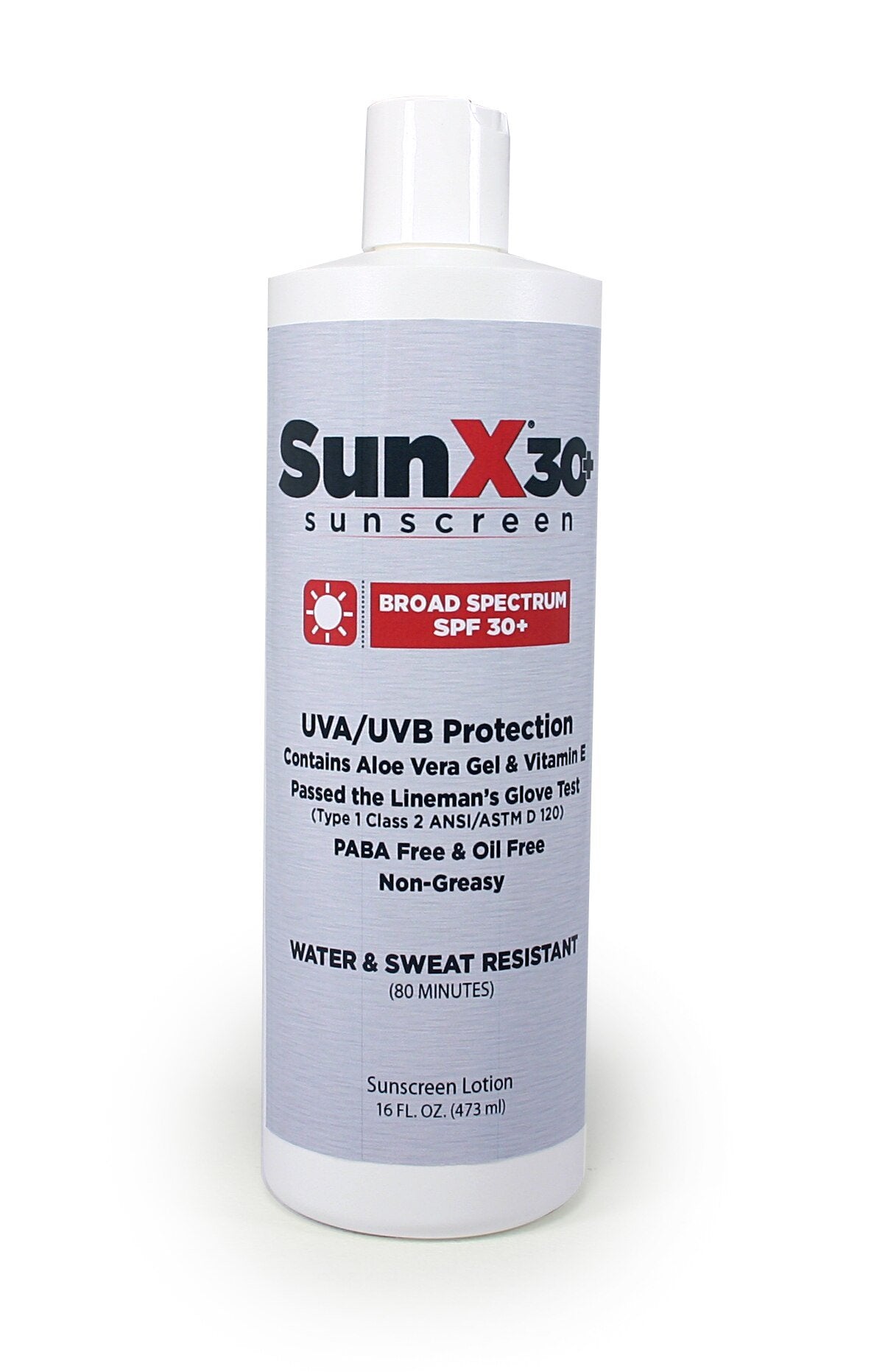 A white bottle labeled "Coretex SunX SPF30" provides SPF30+ broad-spectrum protection. Enriched with soothing aloe vera gel and Vitamin E, it is resistant to water and sweat. The 16 fl oz (473 ml) size ensures long-lasting coverage for all your sunny adventures.