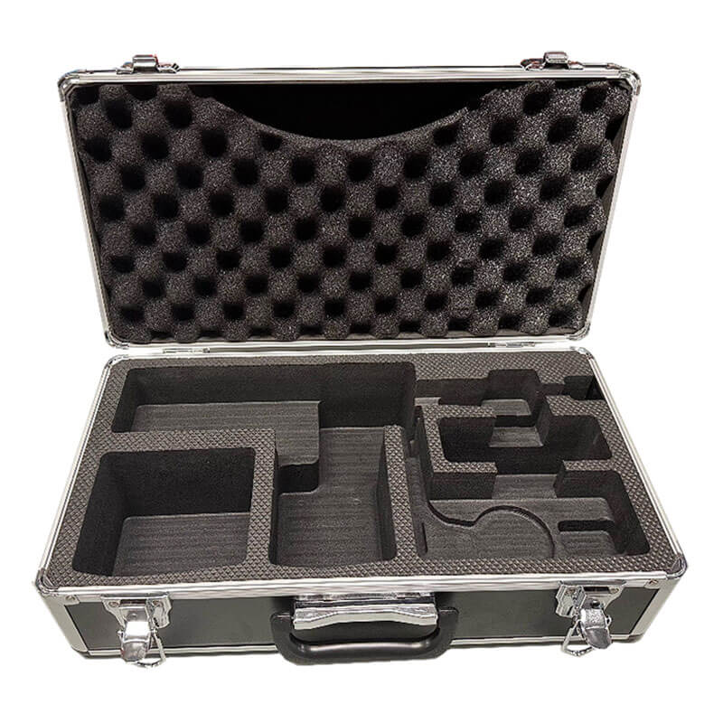 The WatchGas SST4-PUMP CS Aluminum Case w/Foam Insert is a durable black case with silver edges, featuring custom-cut compartments and lid foam—ideal for safely storing your WatchGas gas detector and related equipment.
