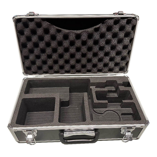The WatchGas SST4-PUMP CS Aluminum Case w/Foam Insert is a durable black case with silver edges, featuring custom-cut compartments and lid foam—ideal for safely storing your WatchGas gas detector and related equipment.