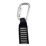 The Frontline Rescue 18' Ladder Kit with Pulley System (RLA18B) by Frontline Fall Protection features a silver locking carabiner on a black nylon strap with white stitching, and is compatible with OSHA-compliant pulley systems.