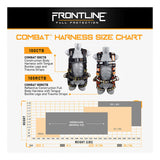 The Frontline Fall Protection size chart for the Combat Reflective Construction Full Body Harness 100RCTB shows two harness types on mannequins, a sizing table (height: 5'–6'7", weight: 90–400+ lbs), and sizes from S/M to 3XL/4XL.