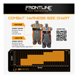 The Frontline Fall Protection Combat Compliance Kit Harness size chart shows two full body harnesses, a height and weight guide, product details for the Combat Compliance Kit with 6' Single Leg Lanyard, and a QR code.