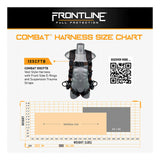 The Frontline Fall Protection Combat Vest Harness w/Front Side D-Rings & Straps size chart shows a harness on a mannequin, QR code, and a Universal to 2XL/3XL height/weight chart for fit. Suspension Trauma Straps add extra safety.