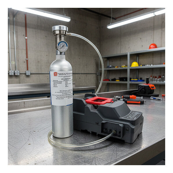 A metal gas cylinder with a pressure gauge is connected via hose to an RKI Instruments SDM-3R Stand Alone Calibration Station (81-SDM3R101) on a workbench in an industrial workshop, with shelves and tools visible in the background.