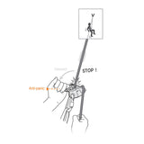 Illustration of a hand using the Petzl GRIGRI + Belay Device D015AA0_ by Petzl on a rope, highlighting descent control, cam-assisted blocking, and safety with “STOP!” and an image of a person hanging from the rope.
