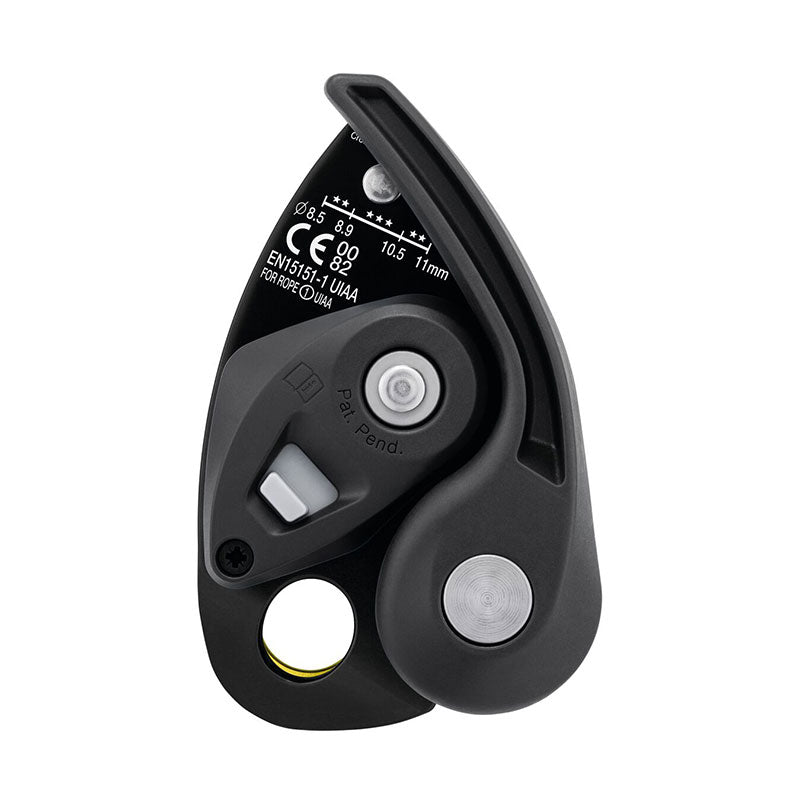 The Petzl GRIGRI + Belay Device D015AA0_ by Petzl is a black mechanical belay device with dials, levers, white labeling, and safety certification markings. It features cam-assisted blocking for reliable rope control.