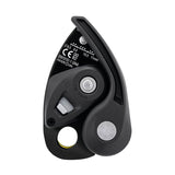 The Petzl GRIGRI + Belay Device D015AA0_ by Petzl is a black mechanical belay device with dials, levers, white labeling, and safety certification markings. It features cam-assisted blocking for reliable rope control.