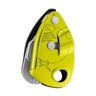 The Petzl GRIGRI + Belay Device D015AA0_ in yellow features cam-assisted blocking, engraved safety instructions, and a diagram showing proper brake hand placement for safe rock climbing.