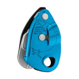 The blue Petzl GRIGRI + Belay Device D015AA0_ by Petzl is shown on a white background, featuring cam-assisted blocking and engraved safety instructions and illustrations on its surface.