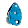 The blue Petzl GRIGRI + Belay Device D015AA0_ by Petzl is shown on a white background, featuring cam-assisted blocking and engraved safety instructions and illustrations on its surface.